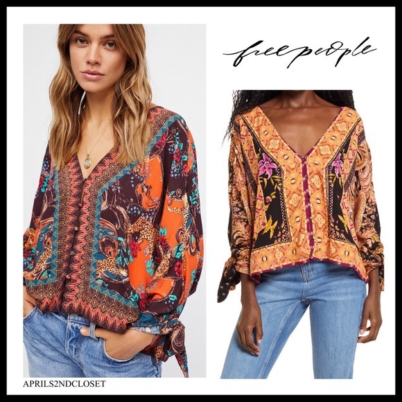 FREE PEOPLE BOHO FLOWY TOP PULLOVER BOHEMIAN PRINT V-NECK BLOUSE A3C - Picture 16 of 16